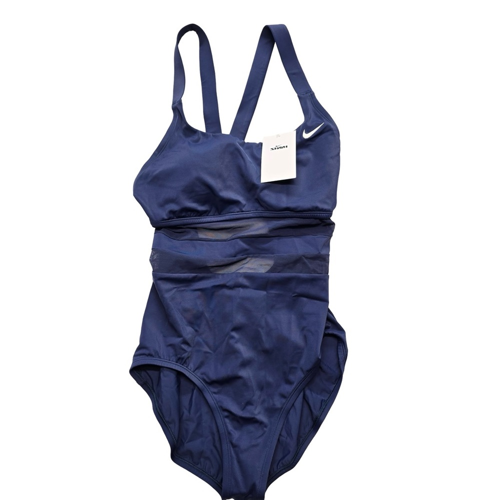 Nike Navy One Piece Swimsuit Mesh Panel Lined Women’s Large NWT - Picture 3 of 6